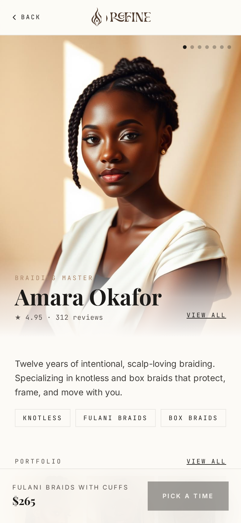 Amara Okafor’s ReFine stylist profile and booking page
